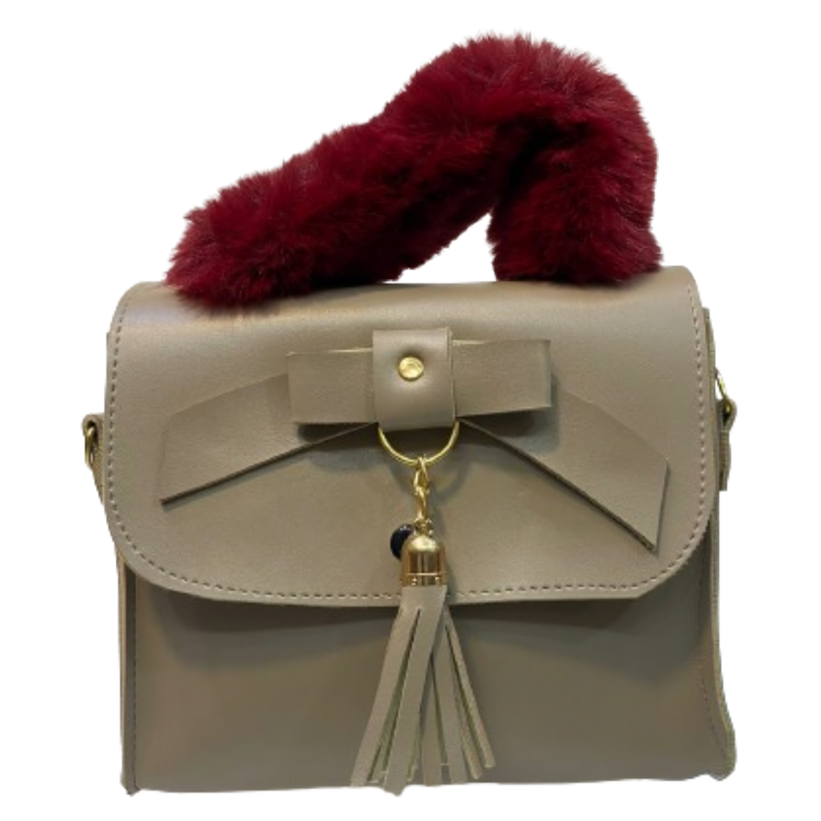 Beige Handbag with Furry Charm and Bow Detail