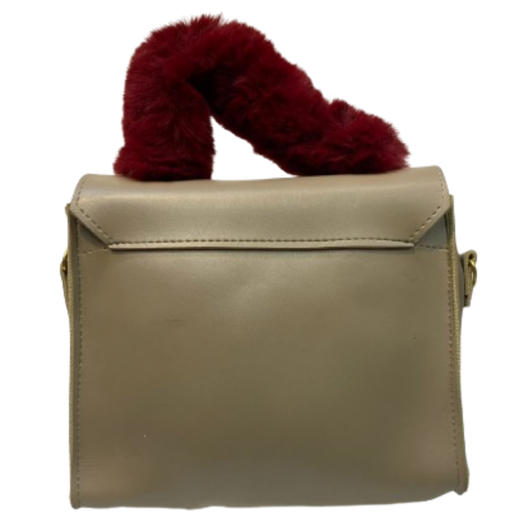 Beige Handbag with Furry Charm and Bow Detail