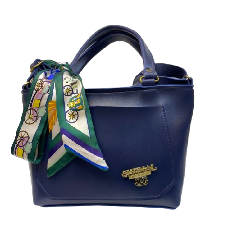 Blue Tote Bag with Colorful Scarf and Gold Hardware